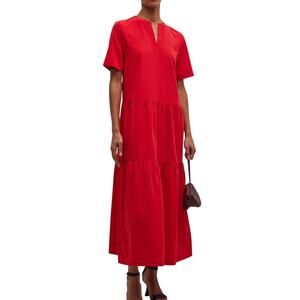 Misook NWT Solid Bold Red Tiered Split V-Neck Short Sleeve Maxi Shift Dress